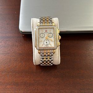 Michele watch.  Diamond and gold face.  Gold/silver band